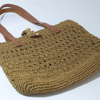 Haki Yeşil Deri Saplı Örgü Tote Çanta | Olive Green Crochet Tote Bag Leather Handles