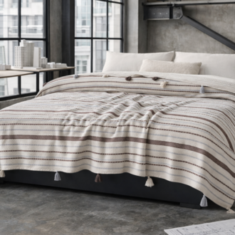 Pamuklu Çift Kişilik Pike ve Yatak Örtüsü - 220X240 cm Dokuma, Ponponlu - Vizon