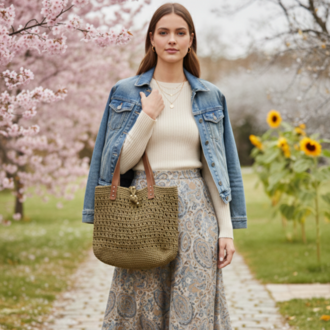 Haki Yeşil Deri Saplı Örgü Tote Çanta | Olive Green Crochet Tote Bag Leather Handles