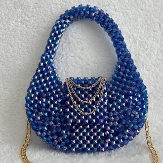 Kadın Mavi Küp Boncuk Baget Cherry Bag Kol Çantası