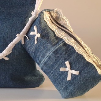 CINY Denim Dantelli ve Fiyonklu Pinterest Makyaj Çantası TB041