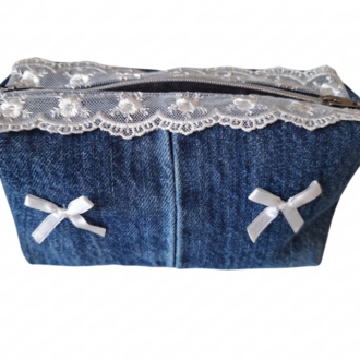 CINY Denim Dantelli ve Fiyonklu Pinterest Makyaj Çantası TB041
