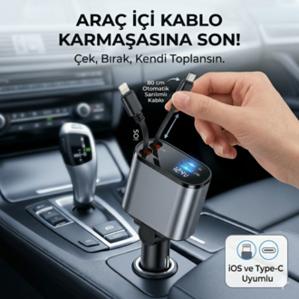 Tek Cihaz ile 4 Cihaz Şarj Edin - Hızlı Şarj - Makaralı Kablo Sistemi
