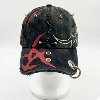 Red & black tribal cap with chain detail.