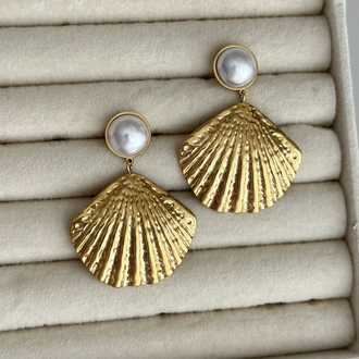 Shell Gold İnci Midye Küpe | Çelik