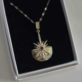 Bordo Taşlı Gold Kolye