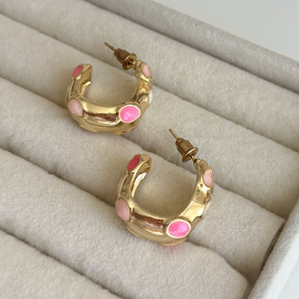 Pembe Mineli Gold Küpe 
