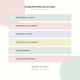 Kendine Zaman Ayır | Soft Günlük, Haftalık ve Aylık Planlayıcı PDF – ÖZENA DİJİTAL