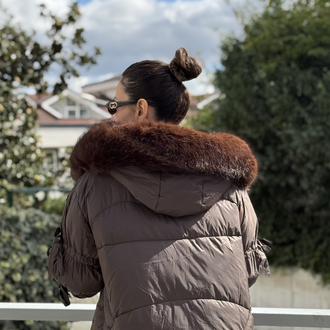 Yakası Kürklü Kol Detaylı Kahve Şişme Mont