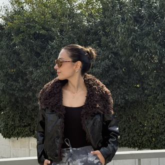 Yakası Kürklü Acı Kahve Suni Deri Ceket
