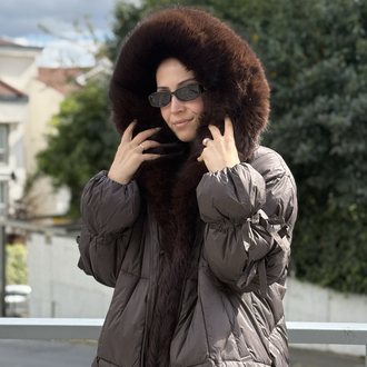 Yakası Kürklü Kol Detaylı Kahve Şişme Mont