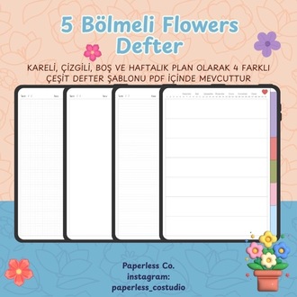 5 Bölmeli Flowers Not Defteri (Dijital Ürün)