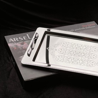 Arsel Asya Platin Desenli Çay Tepsi Premium 304 Paslanmaz Çelik