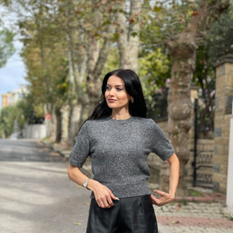 Gri Simli Kısa Kollu Triko Kazak