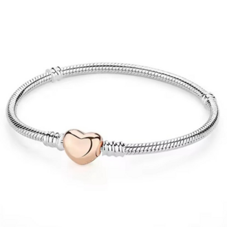 Rose Detaylı Kalp 925 Ayar Gümüş Charm Bileklik