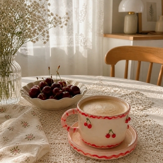 Kiraz Kahve Fincanı ve Alt Tabak