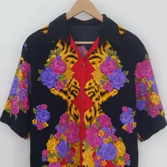 Vintage Desenli Renkli Gömlek – Leopar & Çiçek Baskı, Kısa Kollu Unisex Model