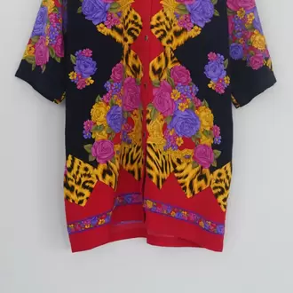 Vintage Desenli Renkli Gömlek – Leopar & Çiçek Baskı, Kısa Kollu Unisex Model