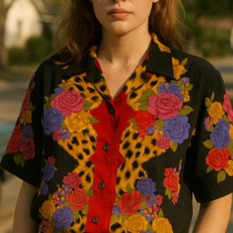 Vintage Desenli Renkli Gömlek – Leopar & Çiçek Baskı, Kısa Kollu Unisex Model