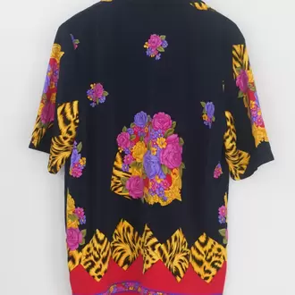 Vintage Desenli Renkli Gömlek – Leopar & Çiçek Baskı, Kısa Kollu Unisex Model