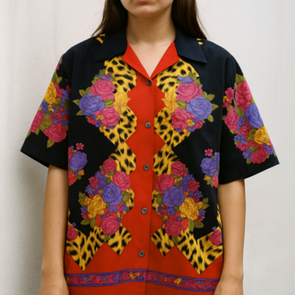 Vintage Desenli Renkli Gömlek – Leopar & Çiçek Baskı, Kısa Kollu Unisex Model