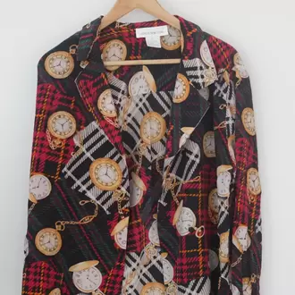 Jones New York Vintage İpek Gömlek – Cep Saati Desenli, Oversize, %100 Silk