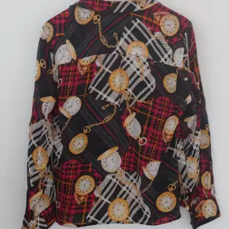 Jones New York Vintage İpek Gömlek – Cep Saati Desenli, Oversize, %100 Silk