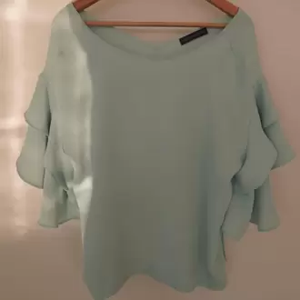 M&S Collection Açık Mavi Volan Kol Bluz - V Yaka, Yumuşak Kumaş