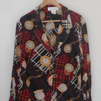 Jones New York Vintage İpek Gömlek – Cep Saati Desenli, Oversize, %100 Silk