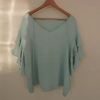 M&S Collection Açık Mavi Volan Kol Bluz - V Yaka, Yumuşak Kumaş
