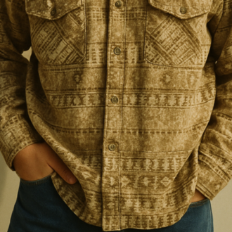 Vintage Desenli Uzun Kollu Gömlek - Retro Bej Pamuklu Düğmeli Unisex Üst