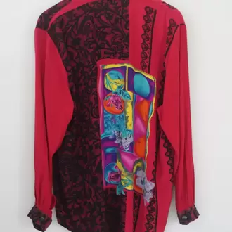 80 ler Kırmızı Desenli Vintage Gömlek Renkli Kolaj Detaylı, Dantel Görünümlü Tasarım