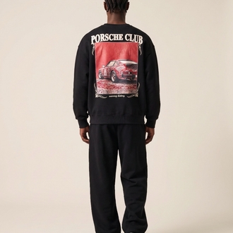 Porsche Club Klasik Araba Baskılı Oversize Sweatshirt – Siyah