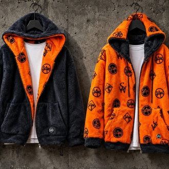 Çift Taraflı Peluş Oversize Mont – Turuncu / Siyah