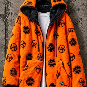 Çift Taraflı Peluş Oversize Mont – Turuncu / Siyah