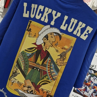 Lucky Luke Baskılı Oversize Mavi Tişört – Vintage Western Style