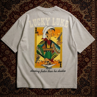 Lucky Luke Baskılı Oversize Gri Tişört – Vintage Western Style
