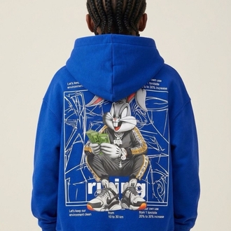 Çocuk Mavi Bugs Bunny Oversize Kapüşonlu Sweatshirt – Sırt Baskılı