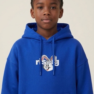 Çocuk Mavi Bugs Bunny Oversize Kapüşonlu Sweatshirt – Sırt Baskılı