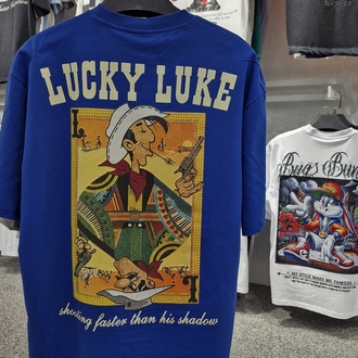 Lucky Luke Baskılı Oversize Mavi Tişört – Vintage Western Style