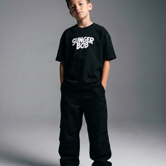 Çocuk Sunger Bob Grafik Baskılı Oversize Tişört – siyah Streetwear Model