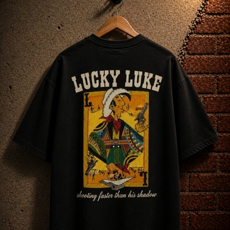 Lucky Luke Baskılı Oversize Siyah Tişört – Vintage Western Style