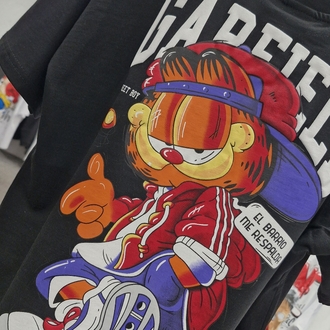 Çocuk Garfield Baskılı Tişört | Siyah Street Style Oversize
