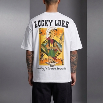 Lucky Luke Baskılı Oversize Beyaz Tişört – Vintage Western Style