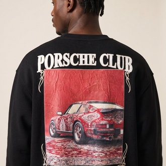 Porsche Club Klasik Araba Baskılı Oversize Sweatshirt – Siyah