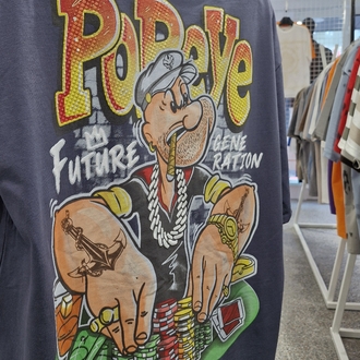 Popeye Poker Grafik Baskılı Oversize Siyah Tişört
