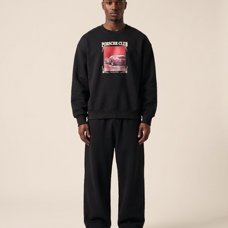 Porsche Club Klasik Araba Baskılı Oversize Sweatshirt – Siyah
