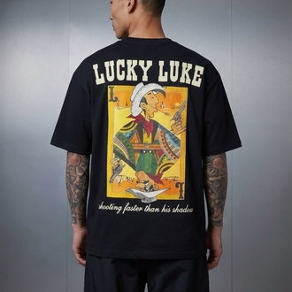 Lucky Luke Baskılı Oversize Siyah Tişört – Vintage Western Style