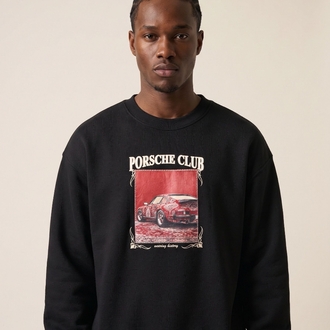 Porsche Club Klasik Araba Baskılı Oversize Sweatshirt – Siyah