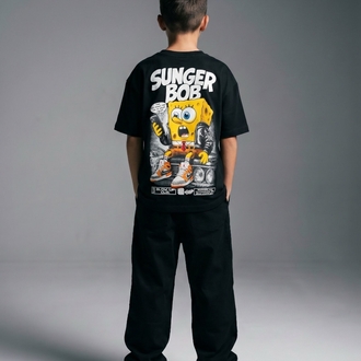 Çocuk Sunger Bob Grafik Baskılı Oversize Tişört – siyah Streetwear Model